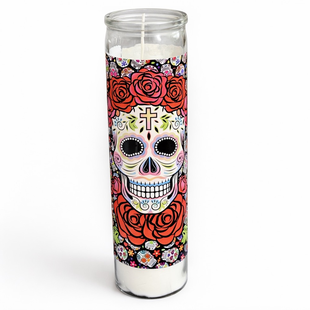 Day of the Dead Sugar Skull Prayer Candle 8" Glass Jar New
